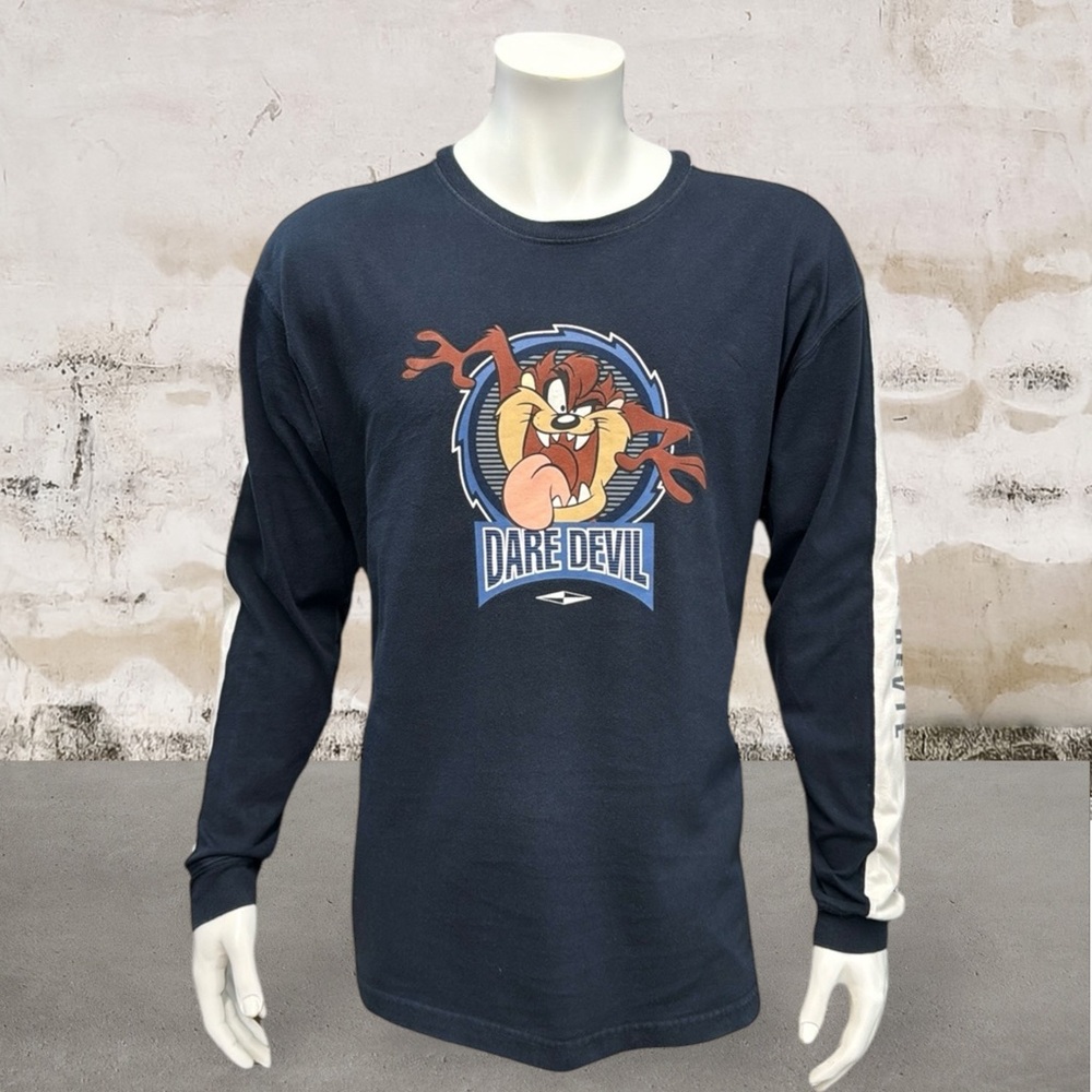 Vintage 1999 Warner Bros Taz Tasmanian Devil Blue Graphic Long Sleeve Shirt MD